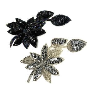 Set of 2 Large Beaded Sequin Floral Appliqués – Silver & Black